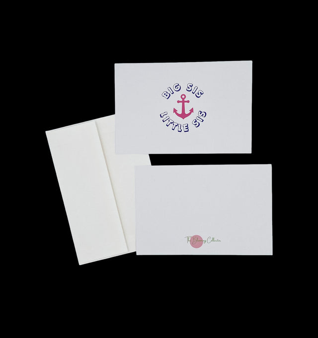Delta Gamma 4x6 Notecards – Box of 10 with Envelopes-Big Sis Little Sis with Pink Anchor on White