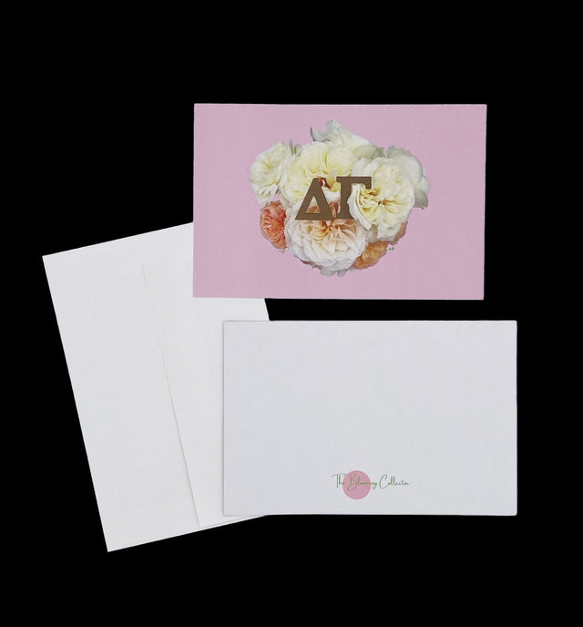 Delta Gamma 4x6 Notecards – Box of 10 with Envelopes-Bronze Letters on Pink Background