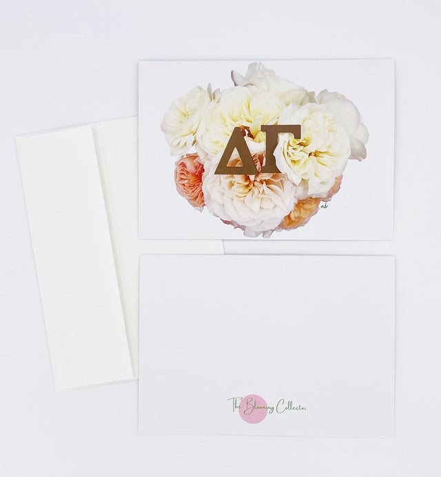 Delta Gamma 5x7 Cards - Box of 10 with Envelopes- Bronze Letters with Roses on White