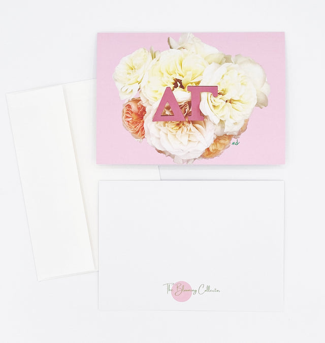Delta Gamma 5x7 Cards - Box of 10 with Envelopes- Pink Letters with Roses on Pink